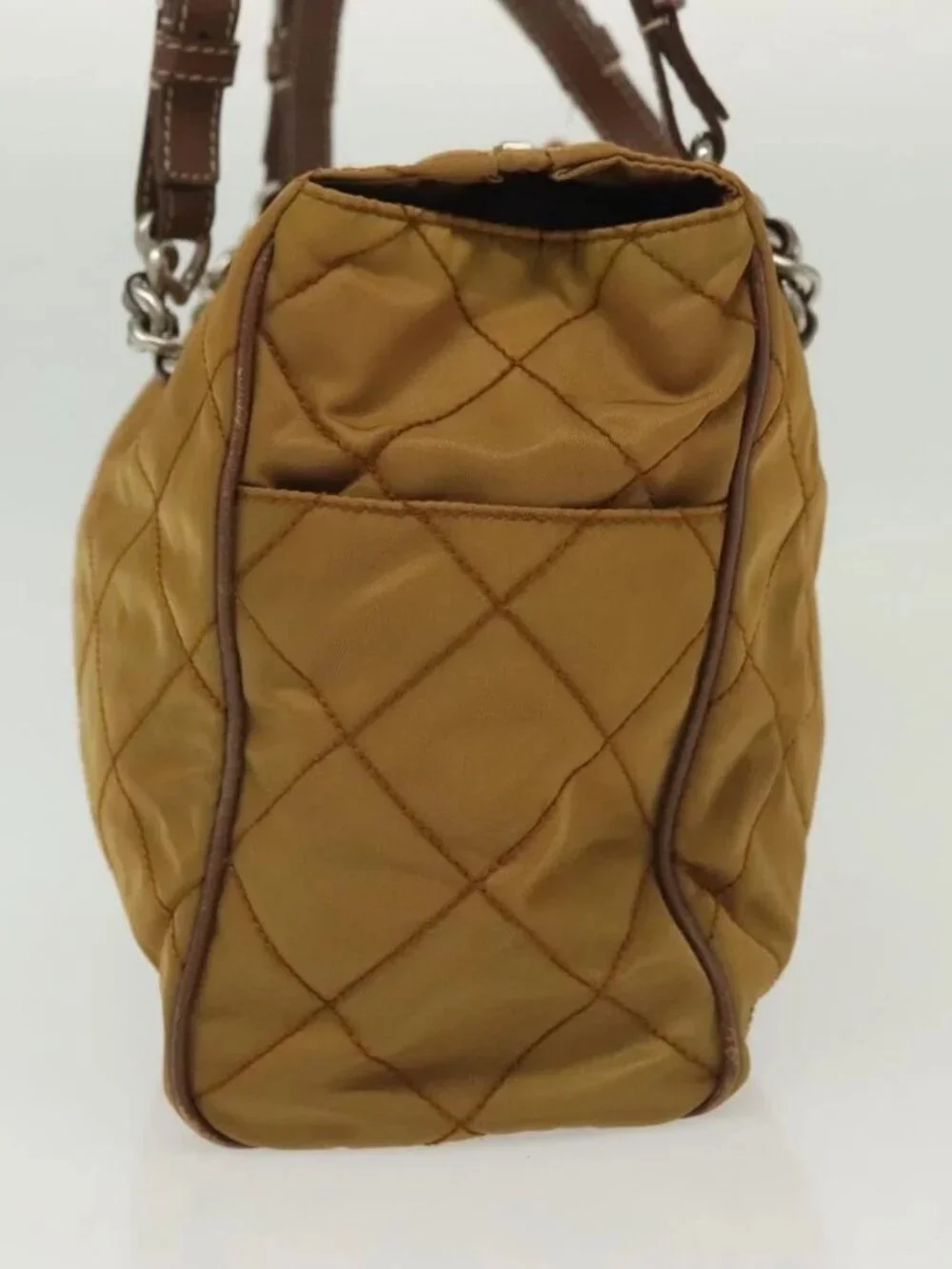 PRADA Chain Shoulder Bag Nylon Beige Silver Auth 140091